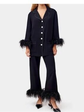 Sleeper Black Feather-Trim Wide Leg Pajama Set